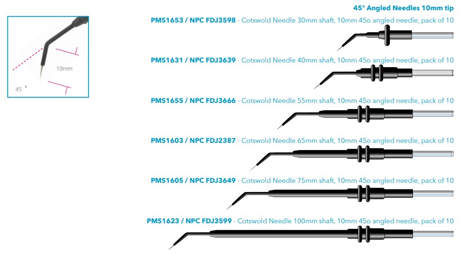 Cotswold Tungsten Micro dissection needles 45° Angled Needles 10mm Tiprange shaft 30mm to 100mm