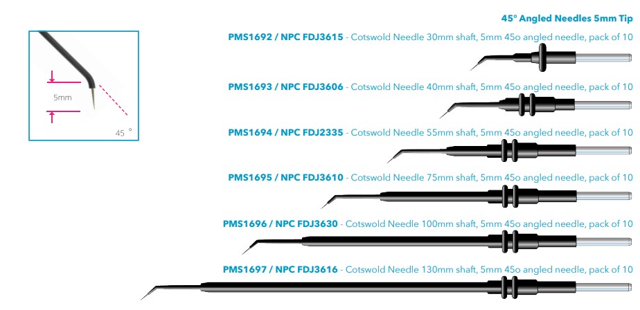 Cotswold Tungsten Micro dissection needles 45° Angled Needles 5mm Tiprange shaft 30mm to 130mm