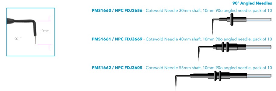 Cotswold Tungsten Micro dissection needles 90° Angled Needles 10mm Tiprange shaft 30mm to 55mm