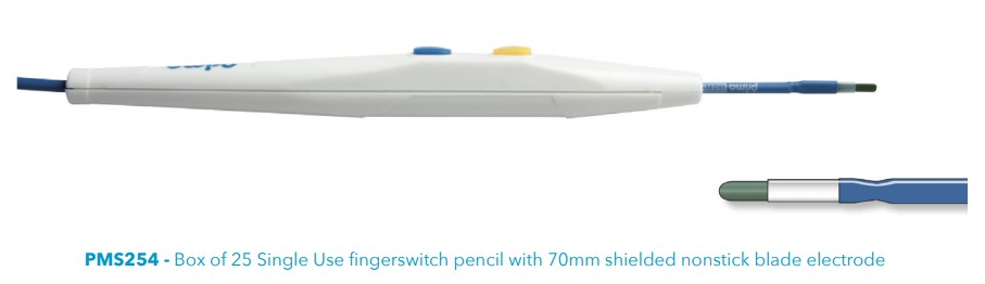 PMS254 - Box of 25 Single Use fingerswitch pencil with 70mm shielded nonstick blade electrode